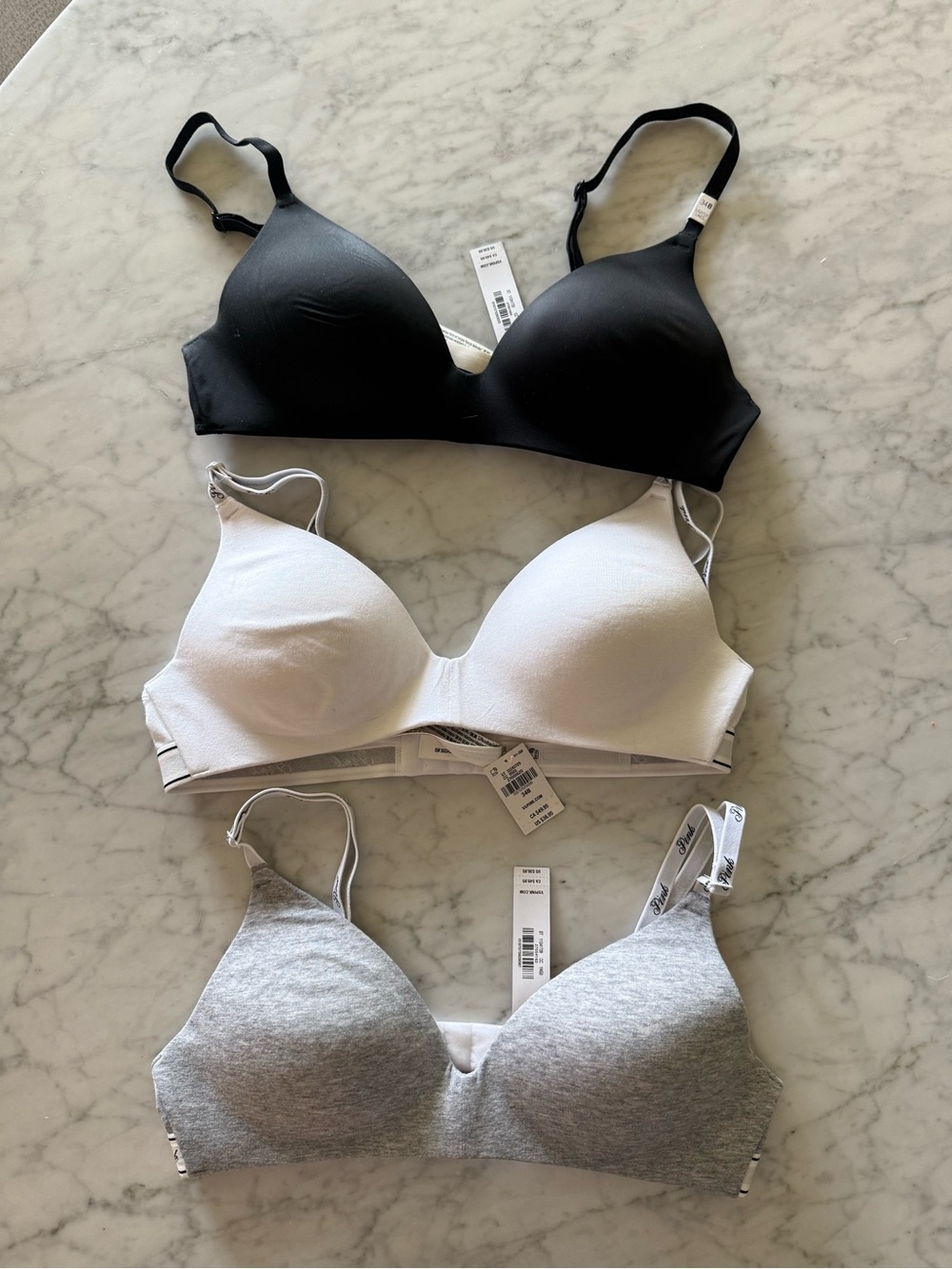NWT Victoria’s Secret PINK Everyday Wireless T-Shirt Bra Set Black, White, Gray